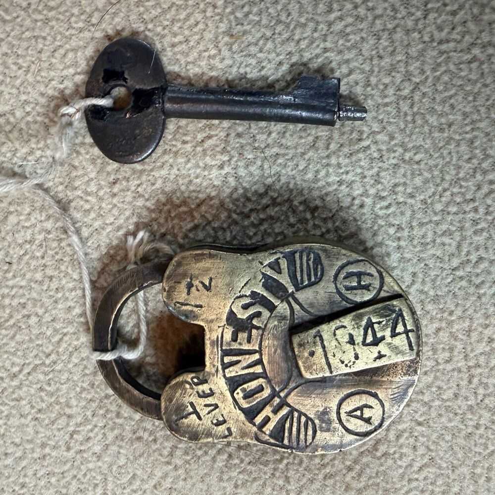 Vintage Solid Brass Honesty 7 Lever Padlock with Key 1944 Working Lock Antique